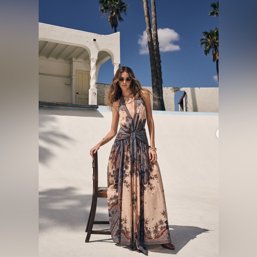 ZIMMERMANN Ascension Plunge Halter Maxi Dress in Blue and Cream Indienne Floral